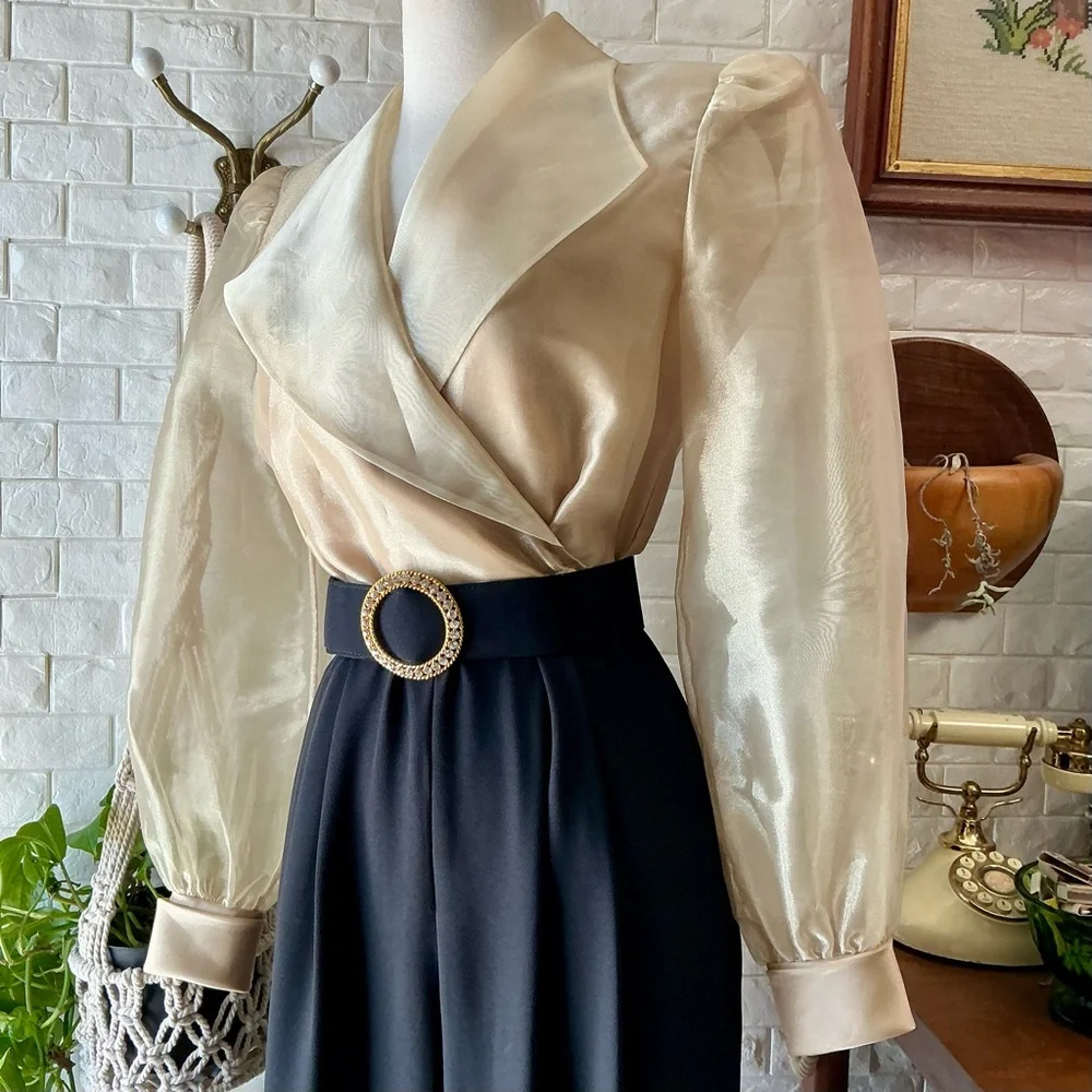 Vintage J.R. Nites by Caliendo Sheer Gold Puff Sleeve Jeweled Belted Jumpsuit - Picture 7 of 16
